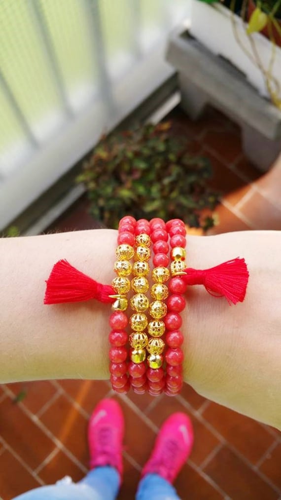 Perlenarmband Perlen Armbänder - Stein Rot Rot-Schmuck Stretch-Armband Schichtung Boho Chic Filigran Quaste Perlenarmband Perlen Armbänder - Stein Rot Rot-Schmuck Stretch-Armband Schichtung Boho Chic Filigran Quaste von TresJoliePT