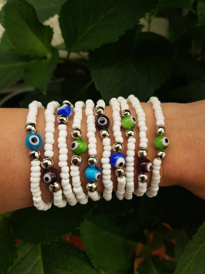 Perlenarmband - Stretcharmband Whitel Summer Armbänder Freundschaftsarmbänder Boho Chic Bohemian Evil Eye Schmuck Eyes von TresJoliePT
