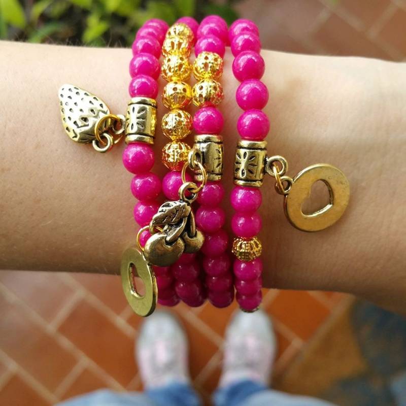 Perlenstickerei Perlen Armbänder - Stein Rosa Armband Magenta Stretch-Armband Schichtung Boho Schicke Filigranperlen Schmuck von TresJoliePT