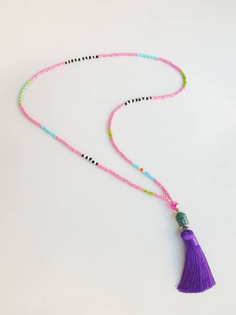 Rosa Halskette - Mala-Halskette Quastenketten Lange Boho-Halskette Yoga-Halskette Boho-Schmuck Extra Lang Weißer Buddha Boho von TresJoliePT