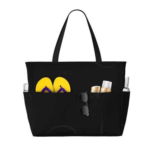 Große Kapazität, Strandtasche, wasserdichte Strandtasche für Damen, schwarze Musiknoten, faltbare Strandtasche mit 7 Taschen und Reißverschluss, für Reisen, Fitnessstudio, Pool, Urlaub, Einkaufen, von Tresila