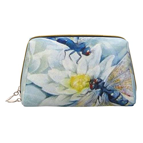 Make-up-Tasche aus Leder für Damen, modisch, Kosmetiktasche, langlebig, tragbar, Reise-Kulturbeutel, für Damen und Mädchen, niedlicher Aufbewahrungsbeutel, Büffelgrau, Libelle Lotus, Einheitsgröße von Tresila