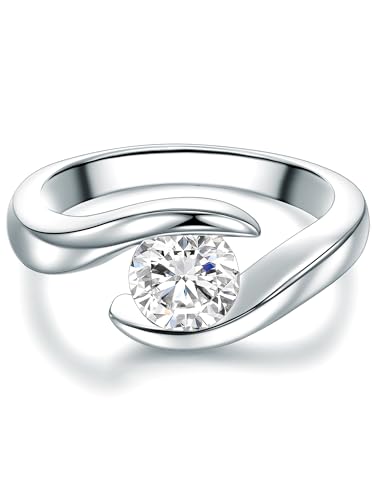 Tresor 1934 Damen-Solitärring Sterling Silber Zirkonia weiß im Brillantschliff - Spannring gedreht Verlobungsring Antragsring Trauring von Trilani