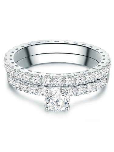 Trilani Damen Verlobungsring mit Beisteckring aus 925/- Sterling SilberZirkonia im Brillantschliff 2er Set Solitärring Ansteckring Vorsteckring von Trilani