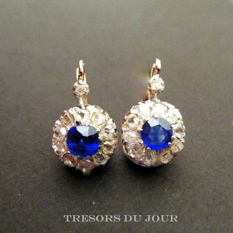 Antiken Stil Blau Saphir Ohrringe Diamant 14K Gelbgold Brissur von TresorsDuJour