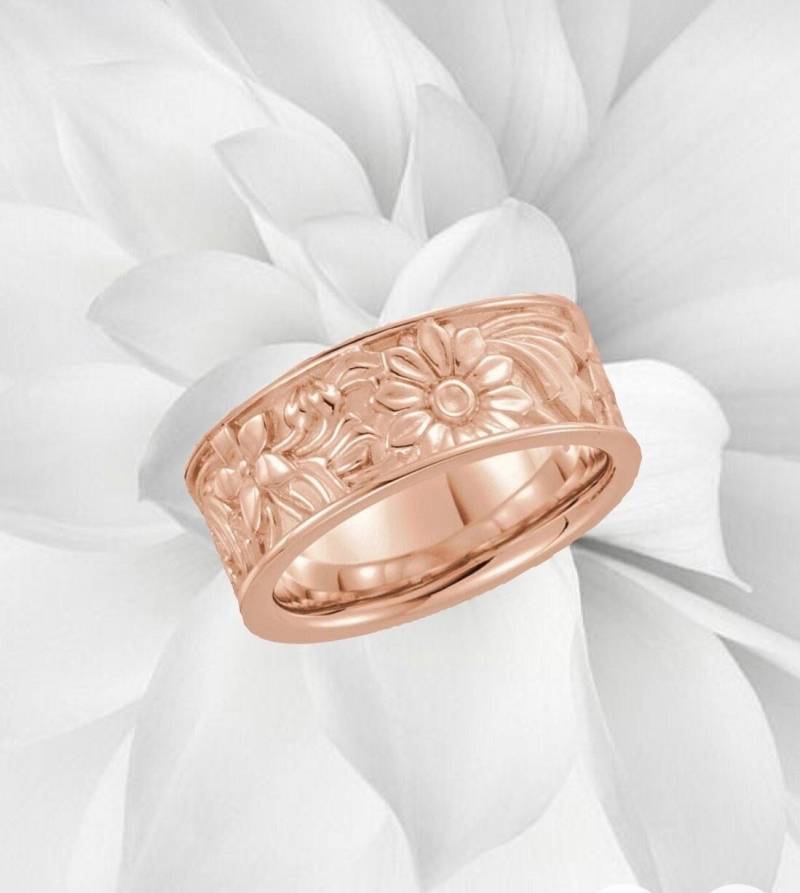 Blumen Band Ring Massiv 10K 14K 18K Rose Gold Für Frauen Männer Unisex Gänseblümchen Graviert Sculpted Eheringe Jugendstil Breite Ringe von TresorsDuJour