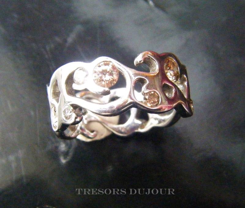 Einzigartige Ehering Diamant Scroll Hochzeit Verlobungsring Champagner Diamanten Verlobung Platin Damast Ausschnitt Eternity Ring von TresorsDuJour