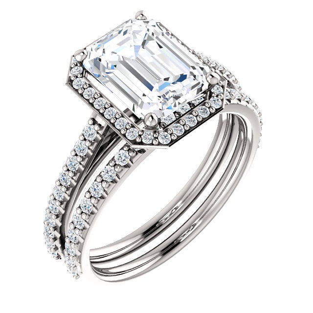 Moissanite Verlobungsring "Madeleine' Forever One Emerald Cut Halo Forever One Neo Ring Einfache Niedrige Fassung von TresorsDuJour