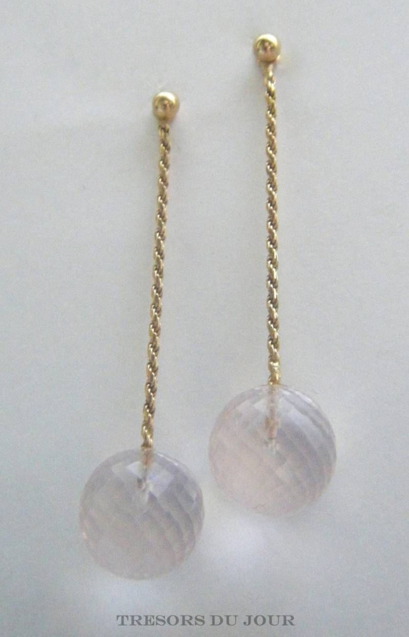 Thread Ohrringe Einzigartige Rose Quarz Rosa Gold Dangle 18 K Gold Kette Rosenquarz Schmuck Kugeln von TresorsDuJour