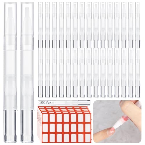 100 Stück 3 ml klare Twist-Stifte, mit Pinselspitzen, einschließlich 105 Aufkleber, Wimpernwachstumsflüssigkeitsröhrchen, leere Nagelölstifte, leere Nagelhautölstifte, Etic Lipgloss-Halter von Tressify
