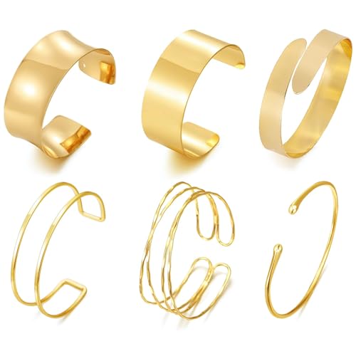 6 Designs, 2 Armreifen und 4 Manschetten-Set, verstellbar, goldfarbener Titanstahl, Armschmuck für Damen, perfekte Schichtung von Tressify