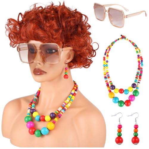 Party-Perücke mit Halloween-Perücken-Set für Frauen, Kostümzubehör für mehrere Anlässe, Perlenschmuck-Set und Retro-Sonnenbrille, hitzebeständige Faser von Tressify