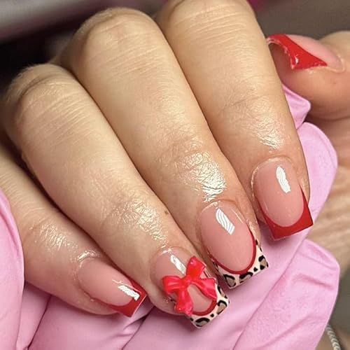 Rote Kurze Quadratische Press On Nägel French Tip Falsche Nägel mit Leopardenmuster Design Klebe Nägel Schleifen Acryl Nägel Glänzende Vollständige Cover Stick On Nägel für Frauen Maniküre 24 Stück von Tressora