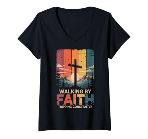 Damen Walking by Faith Tripping Constantly T-Shirt mit V-Ausschnitt Damen Walking by Faith Tripping Constantly T-Shirt mit V-Ausschnitt von Treu Christlich Religiös Sonntagsschule