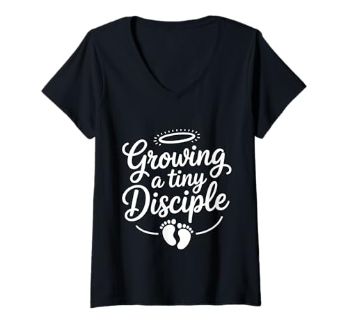 Damen Growing A Tiny Disciple Christlicher Schwangerschafts Glaube T-Shirt mit V-Ausschnitt Damen Growing A Tiny Disciple Christlicher Schwangerschafts Glaube T-Shirt mit V-Ausschnitt von Treue christliche Mutterschaft