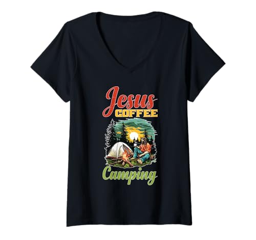 Damen Jesus Coffee Camping Camper Routine Wünsche T-Shirt mit V-Ausschnitt Damen Jesus Coffee Camping Camper Routine Wünsche T-Shirt mit V-Ausschnitt von Treuer Koffein-Camper