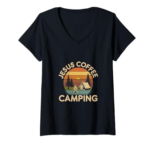 Damen Jesus Coffee Camping Camper Routine will ||---- T-Shirt mit V-Ausschnitt von Treuer Koffein-Camper