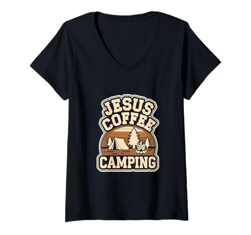 Damen Jesus Coffee Camping Camper Routine will |-- T-Shirt mit V-Ausschnitt von Treuer Koffein-Camper