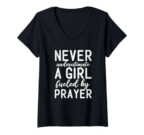 Damen Unterschätzen Sie Niemals EIN Mädchen, das vom Gebetchristen T-Shirt mit V-Ausschnitt Damen Unterschätzen Sie Niemals EIN Mädchen, das vom Gebetchristen T-Shirt mit V-Ausschnitt von Treues Flair