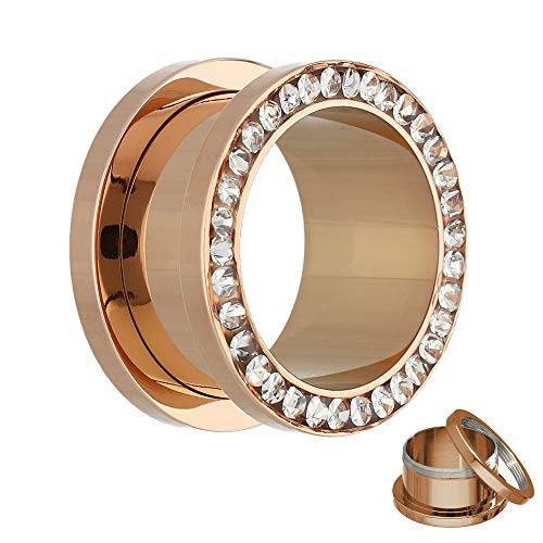 Treuheld® | 10mm Kristall Ohr Flesh Tunnel | Rosé Gold mit transparenten Zirkonia Steinen | Chirurgenstahl | Gewinde Schraubverschluss | Damen von Treuheld