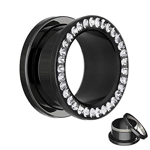 Treuheld® | 10mm Kristall Ohr Flesh Tunnel | Schwarz mit klaren Glitzer - Zirkonia - Steinen | Chirurgenstahl | Gewinde Schraubverschluss | Damen von Treuheld