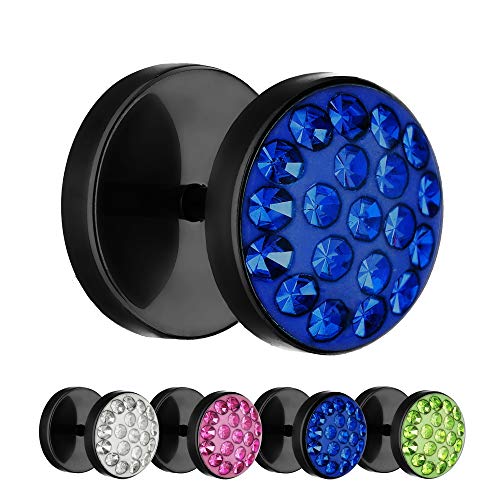 Treuheld® | 10mm Titan Fake Plug Ohrstecker | Schwarz | Blaue Glitzer - Kristalle | Fake Tunnel Ohrring mit Gewinde zum Schrauben | Damen + Herren von Treuheld