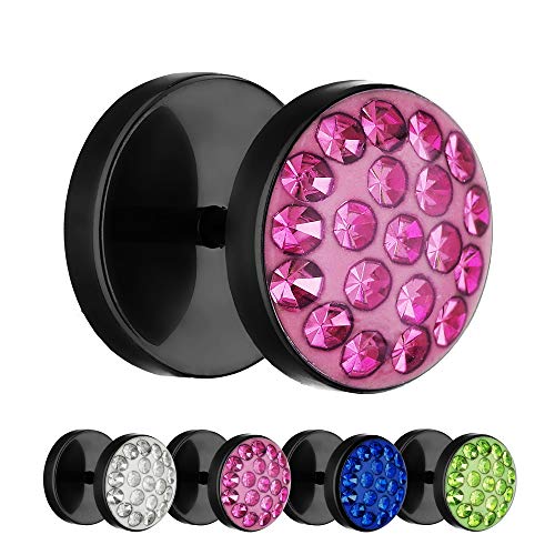 Treuheld® | 10mm Titan Fake Plug Ohrstecker | Schwarz | Rosa Glitzer - Kristalle | Fake Tunnel Ohrring mit Gewinde zum Schrauben | Damen + Herren von Treuheld