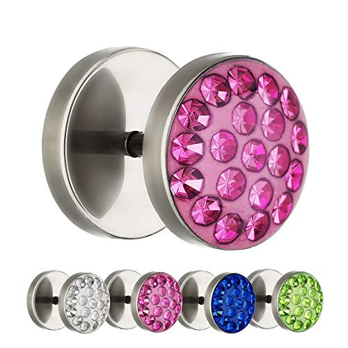 Treuheld® | 10mm Titan Fake Plug Ohrstecker | Silber | Rosa Glitzer - Kristalle | Fake Tunnel Ohrring mit Gewinde zum Schrauben | Damen + Herren von Treuheld