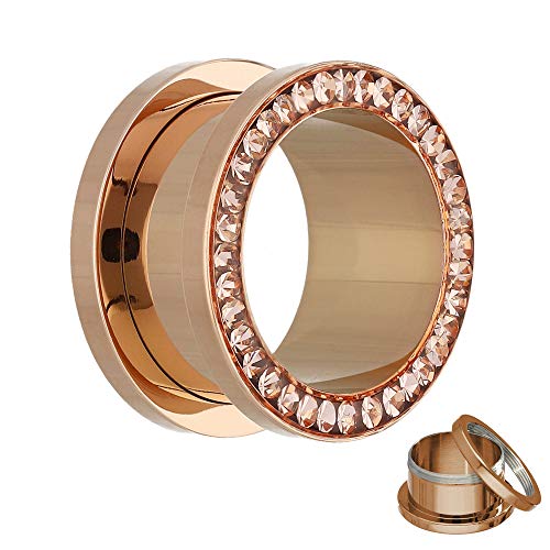 Treuheld® | 12mm Kristall Ohr Flesh Tunnel | Rosé Gold mit Pfirsichfarbenen Zirkonia Steinen | Chirurgenstahl | Gewinde Schraubverschluss | Damen von Treuheld