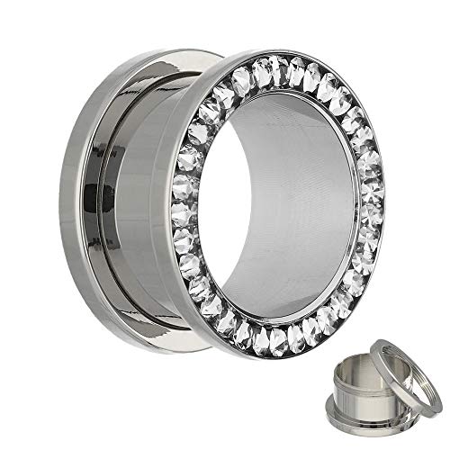 Treuheld® | 14mm Kristall Ohr Flesh Tunnel | Silber mit klaren Glitzer - Zirkonia - Steinen | Chirurgenstahl | Gewinde Schraubverschluss | Damen von Treuheld