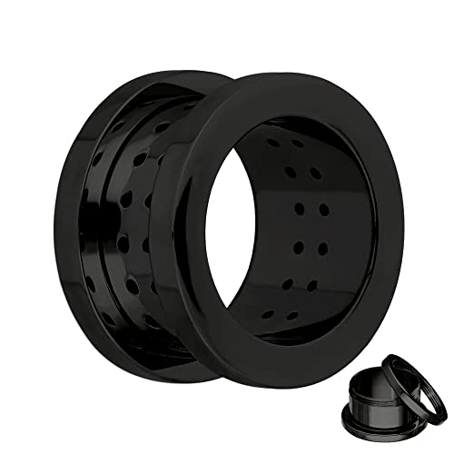 Treuheld® | 14mm Ohr Flesh Tunnel | Atmungsaktiv mit Löchern| Schwarz | Chirurgenstahl | Damen und Herren | Gewinde Schraubverschluss zum Schrauben von Treuheld