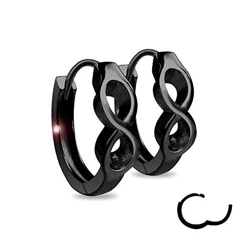 Treuheld® | 925 Silber Infinity CREOLEN in SCHWARZ mit Unendlichkeit Symbol - Sterling - Damen & Herren OHRRINGE - schwarze Ohrstecker mit Klappverschluss - 3,5mm breit - Silber Ohrschmuck zum Klappen von Treuheld