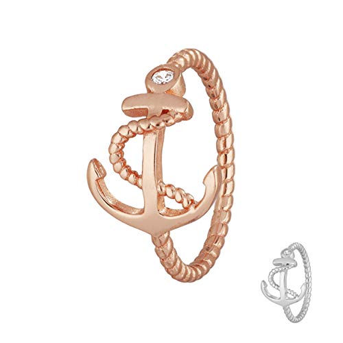 Treuheld® | Anker Ring aus 925 Sterling Silber | Roségold mit Zirkonia Kristall Steinen | Ringgröße 50 | Größe Schiffsanker: 12 x 15mm | Damen von Treuheld