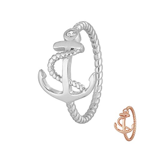 Treuheld® | Anker Ring aus 925 Sterling Silver | Silber mit Zirkonia Kristall Steinen | Ringgröße 60 | Größe Schiffsanker: 12 x 15mm | Damen von Treuheld