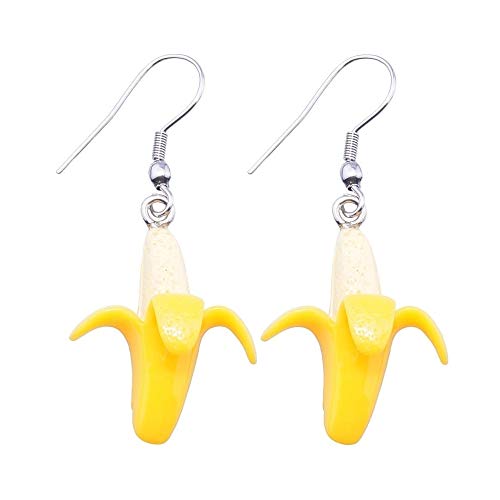 Treuheld® | BANANEN OHRRINGE/Ohrhänger - süße Hänger fürs Ohr mit geschälter, gelber BANANE | Obst ausgefallene Ohrringe Frucht Früchte Ohrstecker DAMEN Kostüm Karneval Fasching silber von Treuheld