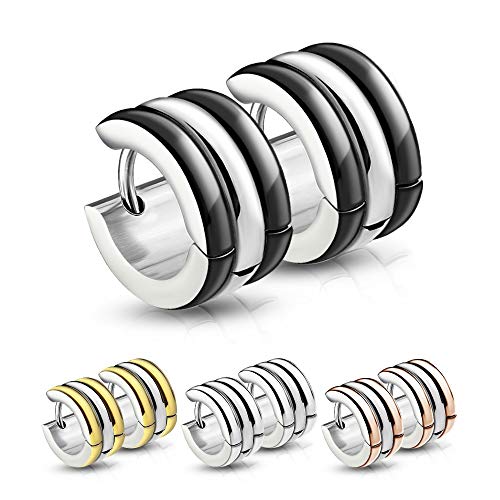 Treuheld® | CREOLEN mit 3 Ringen (Schwarz, Rosegold, Silber, Gold) - Edelstahl - Damen & Herren Ohrringe - mehrreihige Ohrstecker mit Klappverschluss - 7mm breit mit 3 Reihen - Ohrschmuck zum Klappen von Treuheld