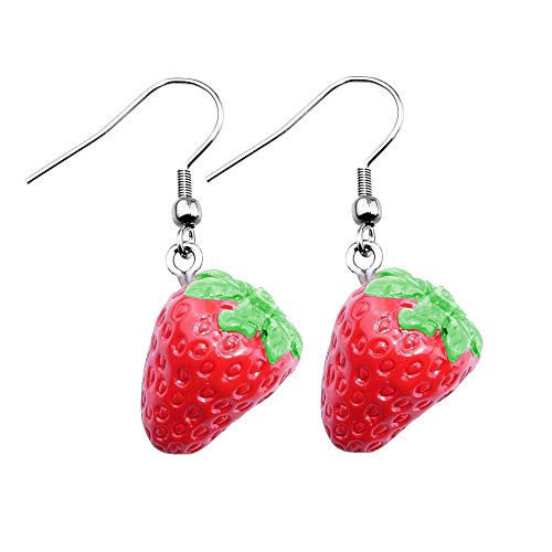 Treuheld® | ERDBEEREN OHRRINGE/Ohrhänger - süße Erdbeere Hänger fürs Ohr | OBST rot ausgefallene Ohrringe Frucht FRÜCHTE strawberry ROCKABILLY DAMEN Kostüm Karneval Fasching EDELSTAHL silber von Treuheld