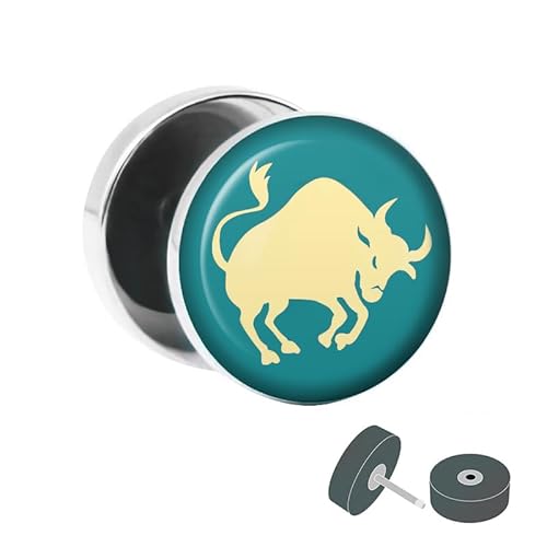 Treuheld® | Fake Plug Sternzeichen Stier - Ø 10mm Bild Ohrstecker mit Motiv zum Schrauben - Chirurgenstahl Ohr Faketunnel Silber - Tunnel Ohrringe Ohrring Stahl Fakeplug von Treuheld
