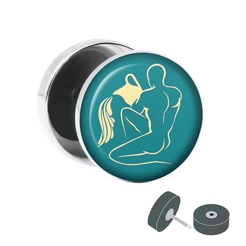 Treuheld® | Fake Plug Sternzeichen Wassermann - Ø 10mm Bild Ohrstecker mit Motiv zum Schrauben - Chirurgenstahl Ohr Faketunnel Silber - Tunnel Ohrringe Ohrring Stahl Fakeplug von Treuheld