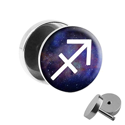 Treuheld® | Fake Plug Tierkreiszeichen Schütze - Ø 10mm Bild Ohrstecker mit Motiv zum Schrauben - Chirurgenstahl Ohr Faketunnel Silber - Tunnel Ohrringe Ohrring Stahl Fakeplug Sternzeichen von Treuheld