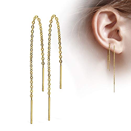 Treuheld® | GOLDENE Ohrstecker mit Kette - Edelstahl Ohrringe in Gold mit Stab - glänzende Ohrstecker für Damen und Kinder - sehr elegant - ohne Verschluss von Treuheld