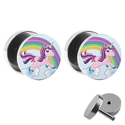 Treuheld® | Set - Einhorn - 2 Ohrstecker zum Schrauben mit Unicorn - Bunte Fake Plugs mit kleinem Pony - Ø 10mm - Ohrringe Fakeplug - Silber Ohrring mit farbigem Bild - Chirurgenstahl Faketunnel von Treuheld