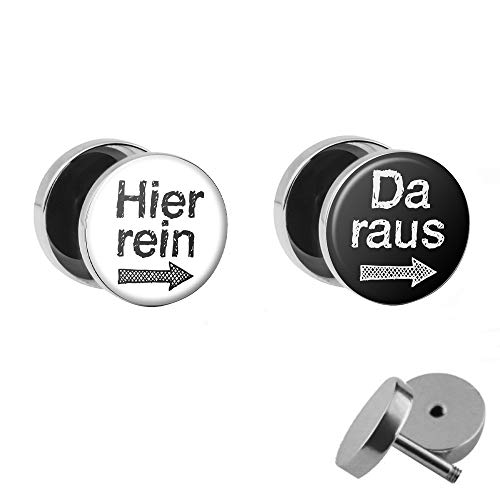 Treuheld® | Set - Hier REIN DA Raus - witzige Ohrstecker zum Schrauben mit Spruch (Fake-Plugs) - Ø 10mm - 2 farbig: Schwarz & Weiß - Silber - LUSTIGE Ohrringe Chirurgenstahl für Herren + Damen von Treuheld