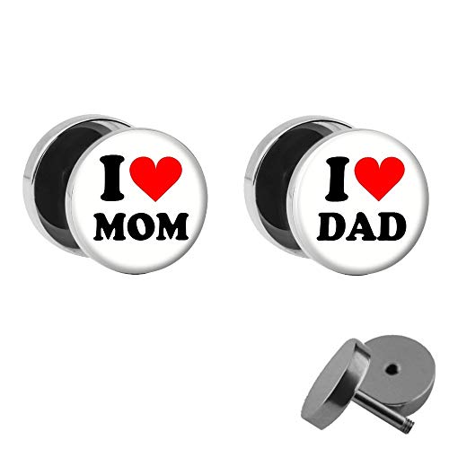 Treuheld® | Set - I Love MOM & DAD mit Herz - 2 Ohrstecker zum Schrauben mit Spruch - Fake Plugs - Ø 10mm - Weisse Ohrringe Fake Plug - Silber Ohrring mit farbigem Bild - Chirurgenstahl Faketunnel von Treuheld