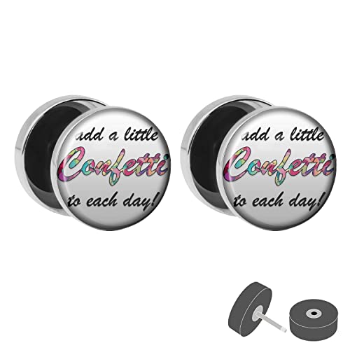 Treuheld® Silberner Fake Plug "Add a little Confetti to each day" - Bild Ohrstecker mit Motiv für Damen, Herren + Kinder - Anzahl: 1 Paar (2 Stück) von Treuheld