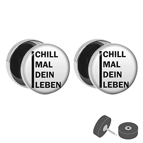 Treuheld® Silberner Fake Plug "Chill mal dein Leben" - Bild Ohrstecker mit Motiv - für Damen, Herren, Kinder - Anzahl: 1 Paar (2 Stück) von Treuheld