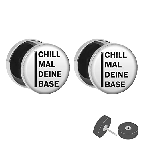 Treuheld® Silberner Fake Plug "Chill mal deine Base" - Bild Ohrstecker mit Motiv - Anzahl: 1 Paar (2 Stück) von Treuheld
