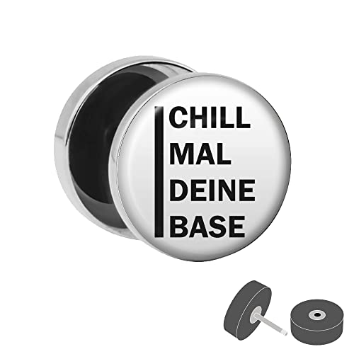 Treuheld® Silberner Fake Plug "Chill mal deine Base" - Bild Ohrstecker mit Motiv - Anzahl: 1 Stück von Treuheld