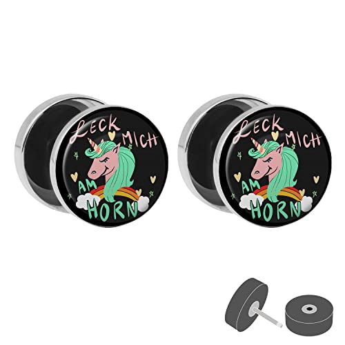 Treuheld® Silberner Fake Plug "Einhorn" mit Spruch - Bild Ohrstecker mit Motiv - für Damen, Herren und Kinder - Anzahl: 1 Paar (2 Stück) von Treuheld