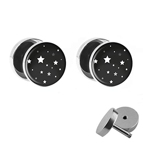 Treuheld® | Sterne - Ohrstecker zum Schrauben | Set/Paar | Schwarz/Weiß | Chirurgenstahl | 10mm Sternen-Himmel Fake Plugs für Damen und Kinder von Treuheld